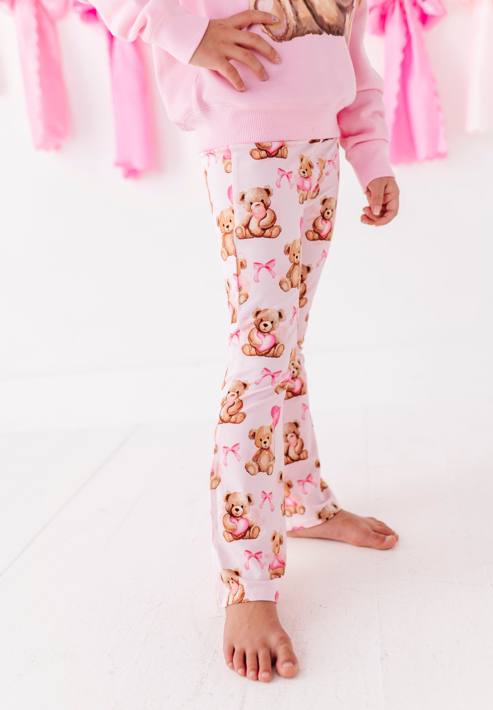Close up of Beary Sweet bamboo cotton pants showing teddy bear print detail