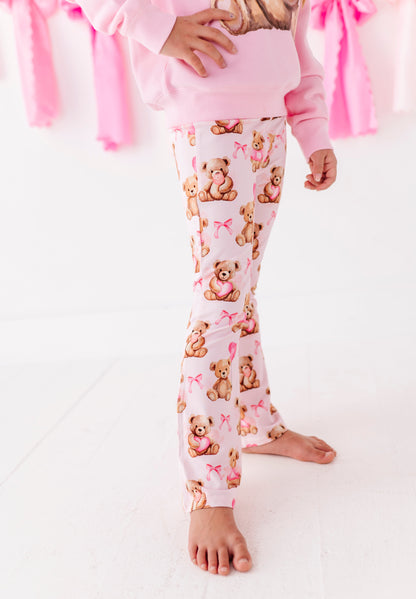Close up of Beary Sweet bamboo cotton pants showing teddy bear print detail