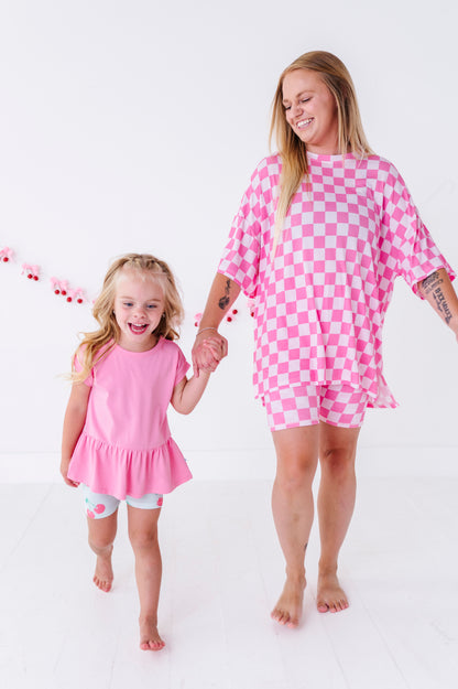 Bubblegum Check Women's Oversized Tee and Biker Set