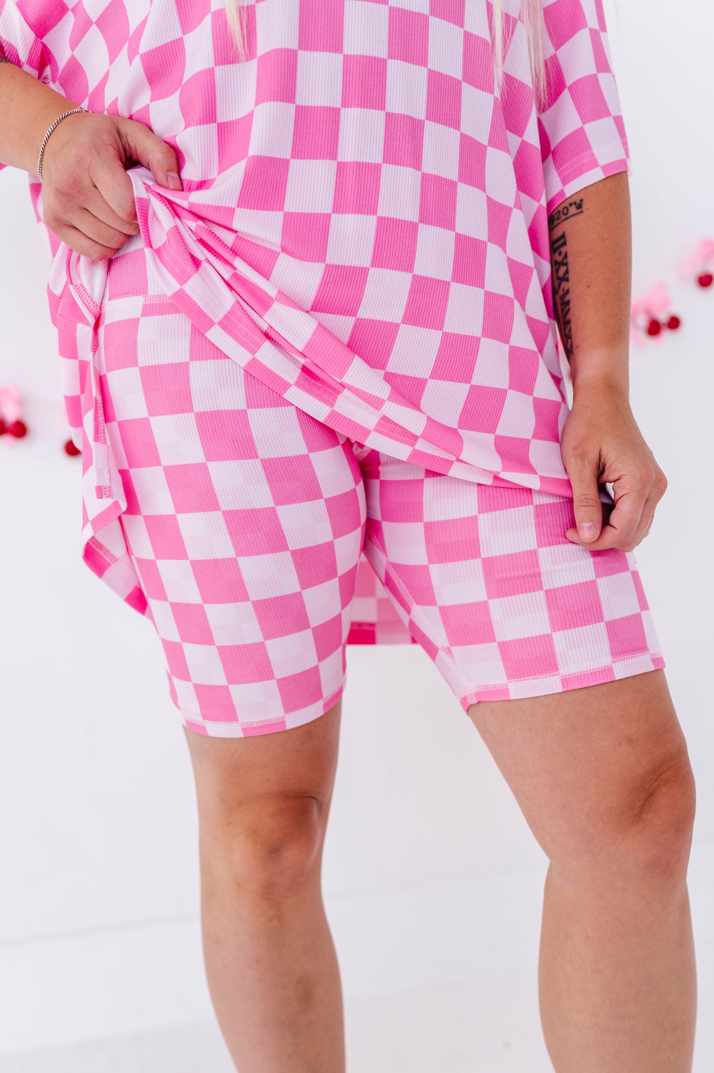 Bubblegum Check Women's Oversized Tee and Biker Set