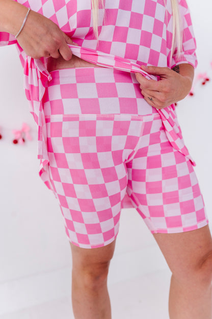 Bubblegum Check Women's Oversized Tee and Biker Set