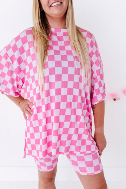 Bubblegum Check Women's Oversized Tee and Biker Set