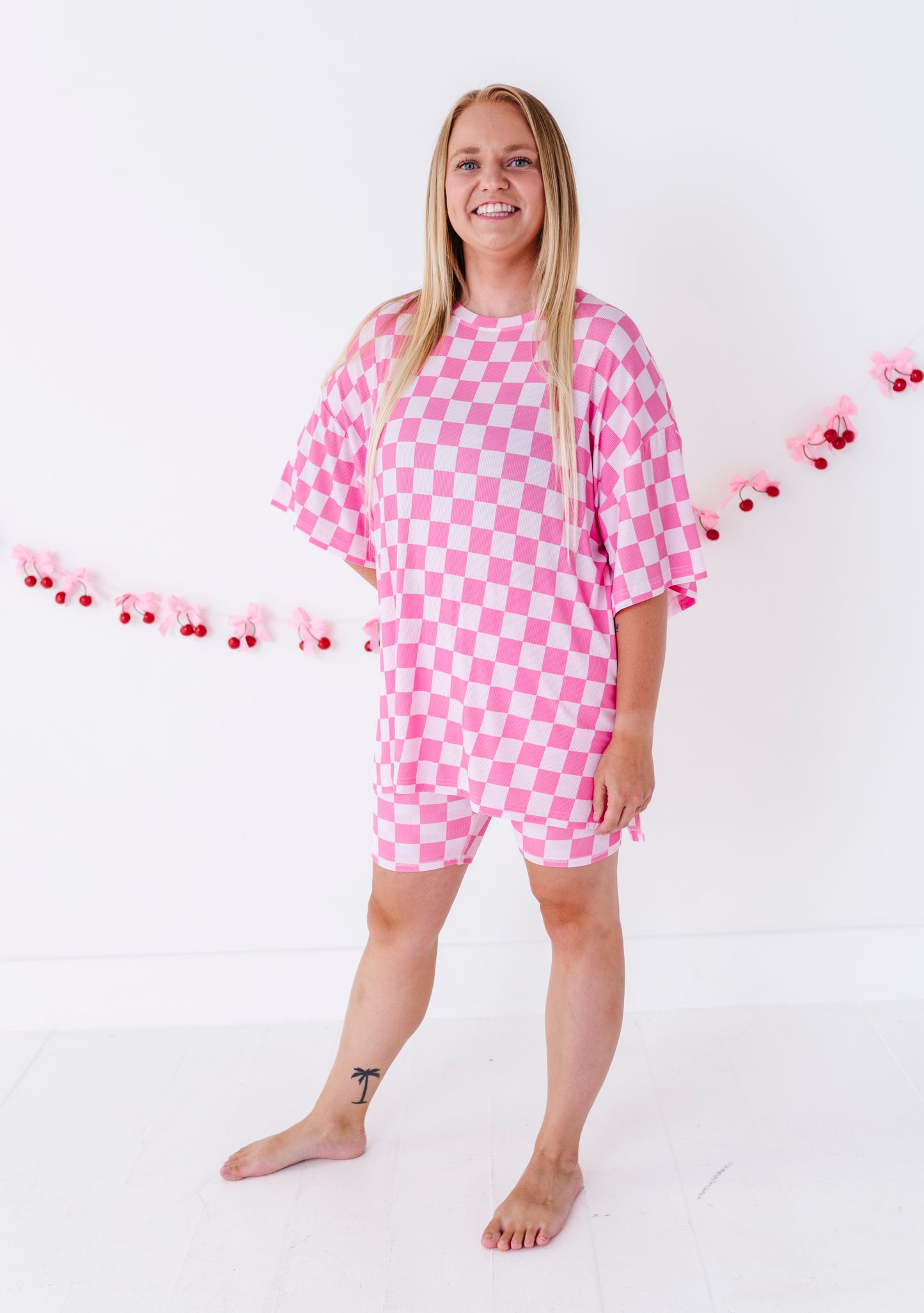 Bubblegum Check Women's Oversized Tee and Biker Set