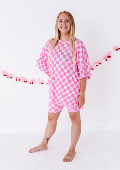 Bubblegum Check Women's Oversized Tee and Biker Set