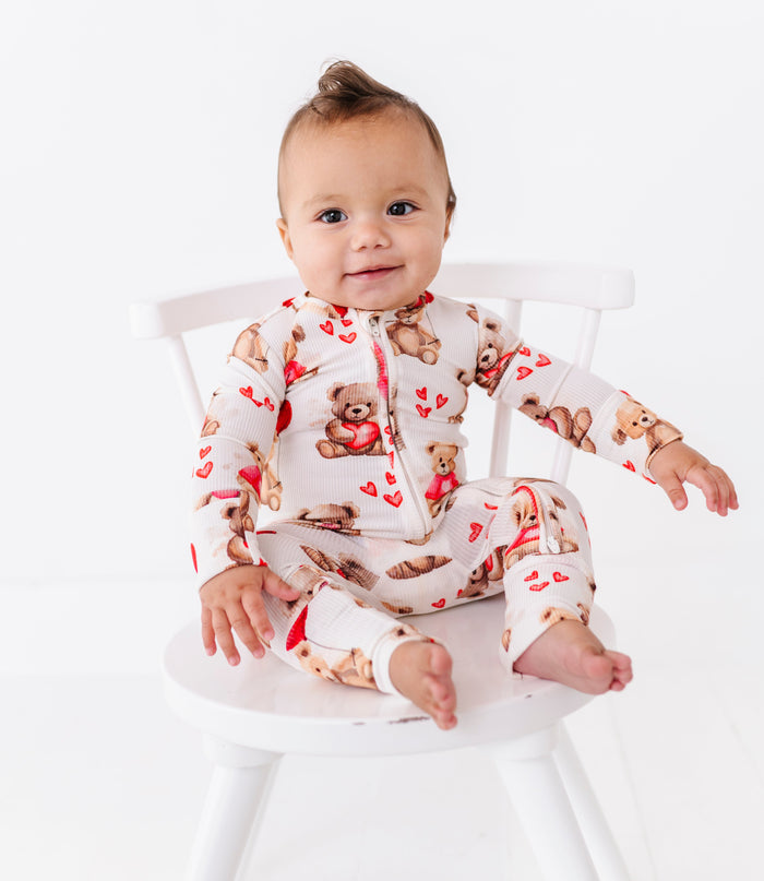 Baby wearing Beary Sweet ribbed bamboo convertible romper with teddy bear and heart print