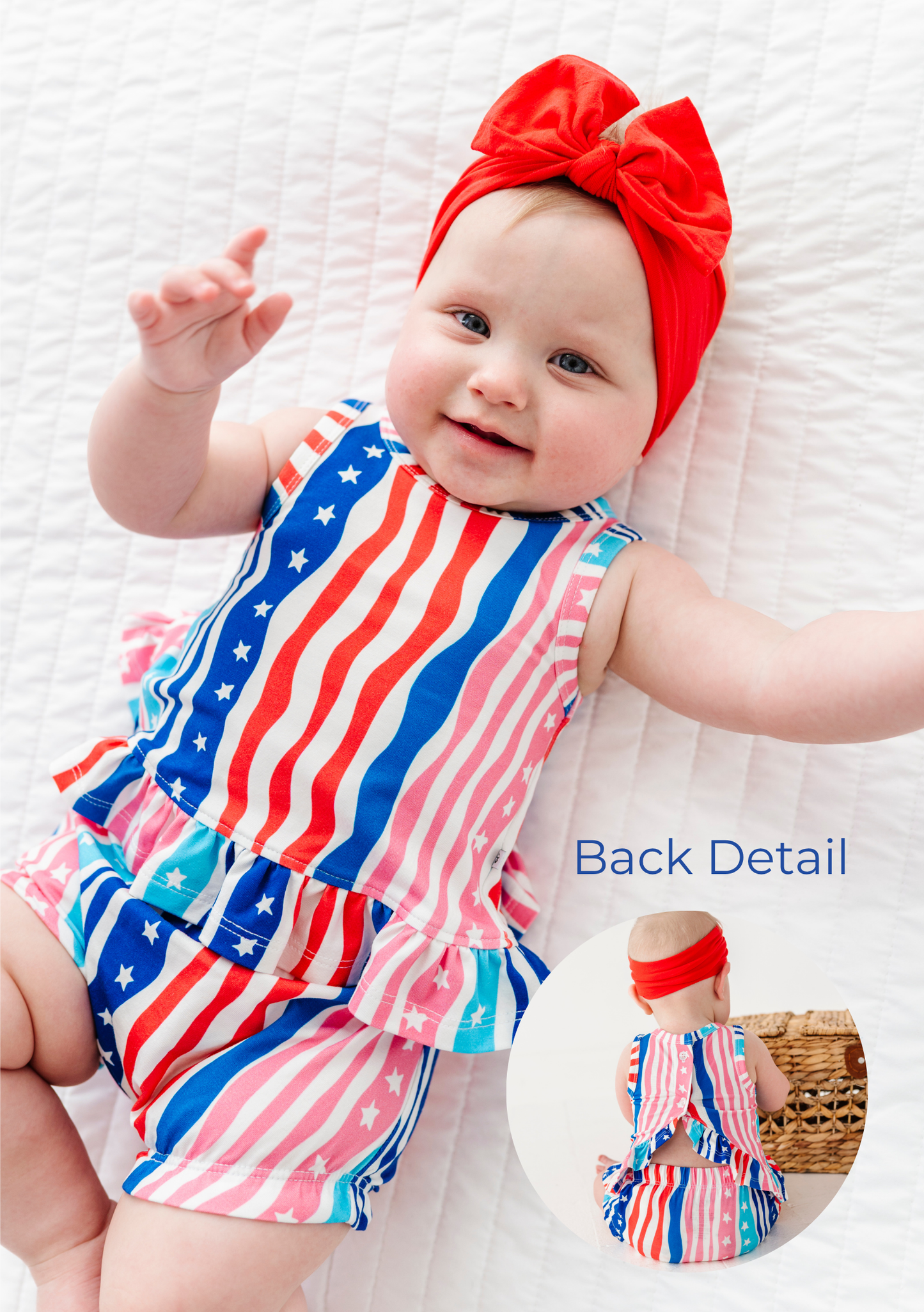 Baby wearing a colorful American flag swing top set and red headband on a white background
