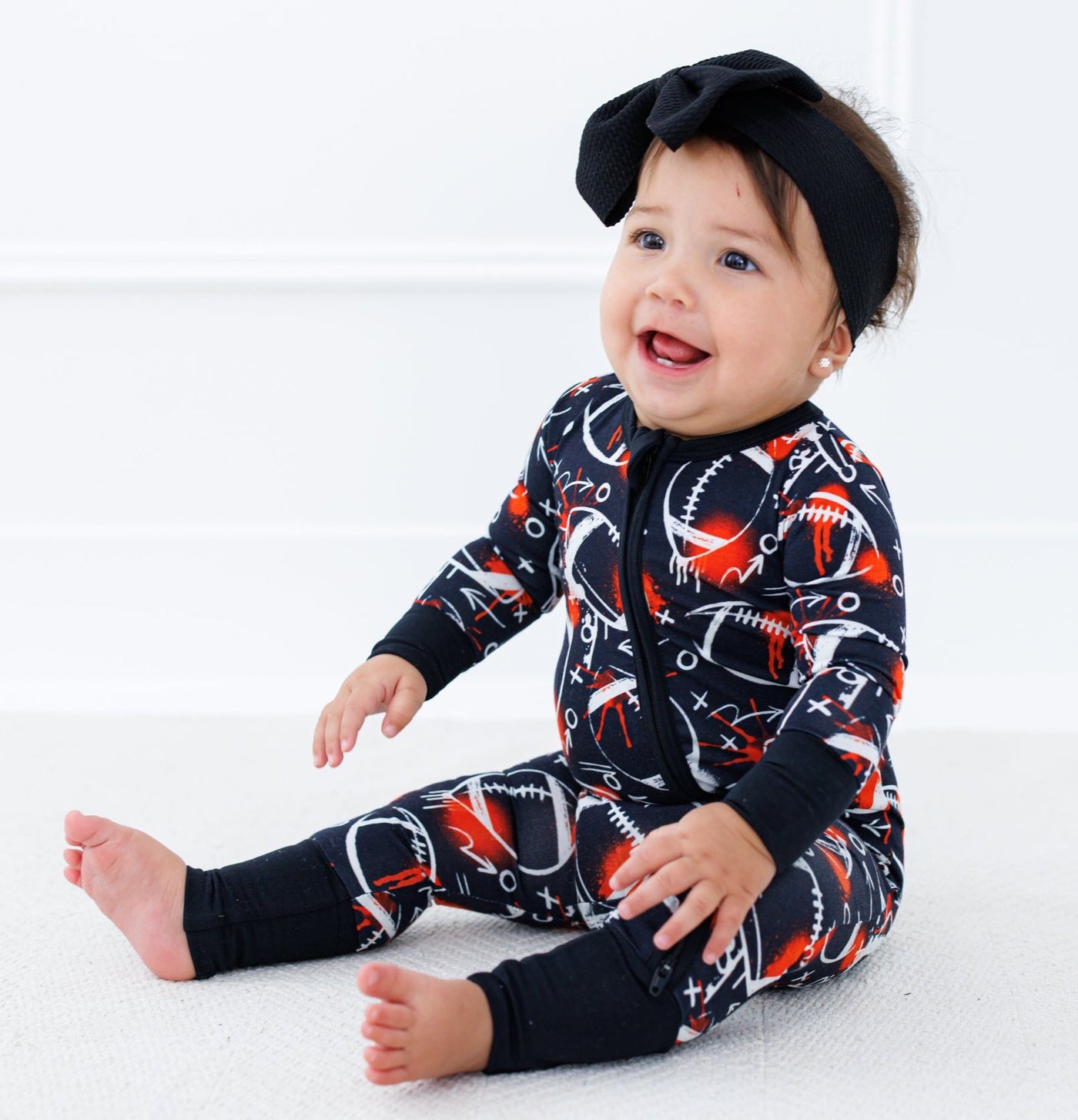 graffiti football convertible romper : BLACK AND ORANGE