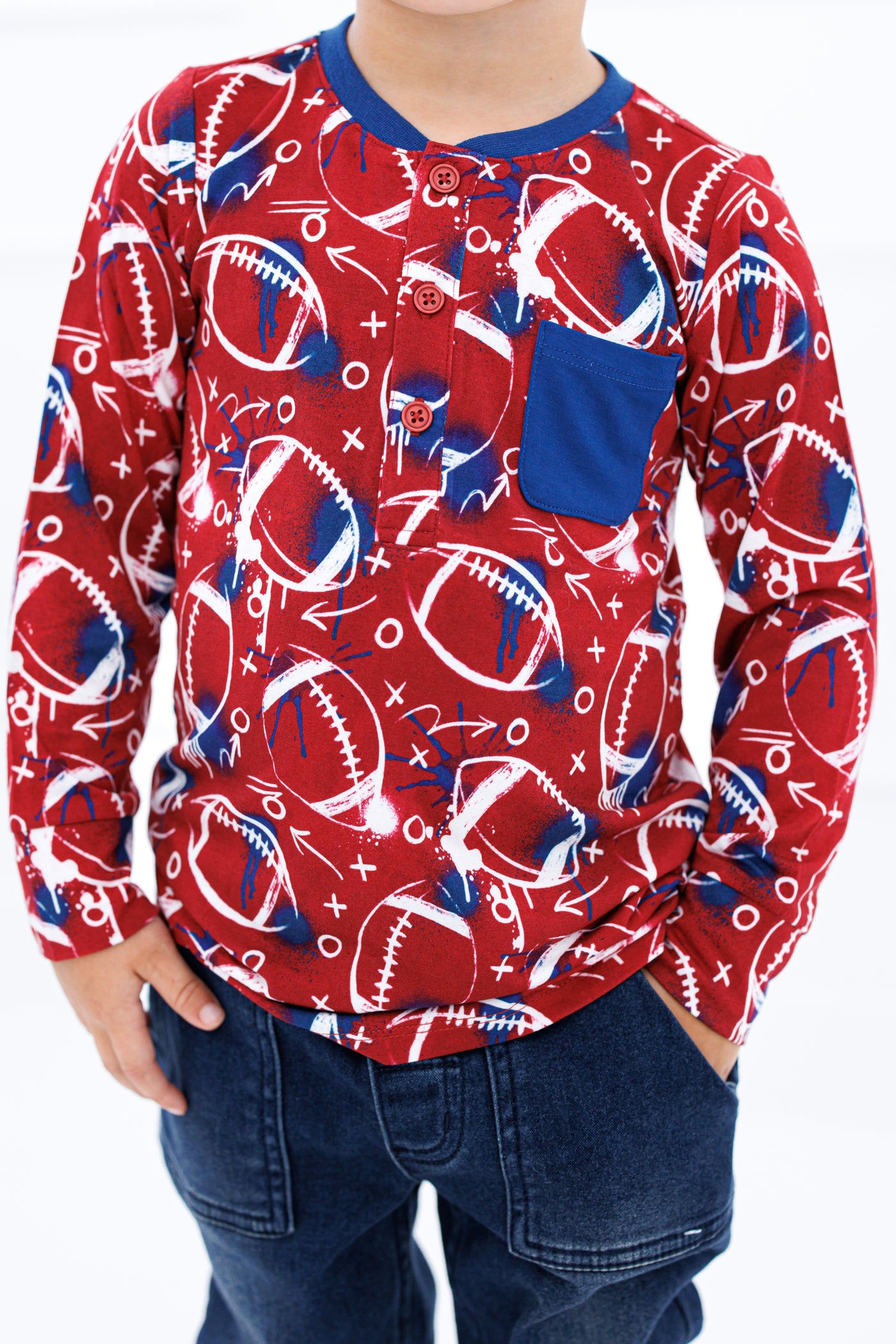 graffiti football henley t- shirt : RED AND NAVY