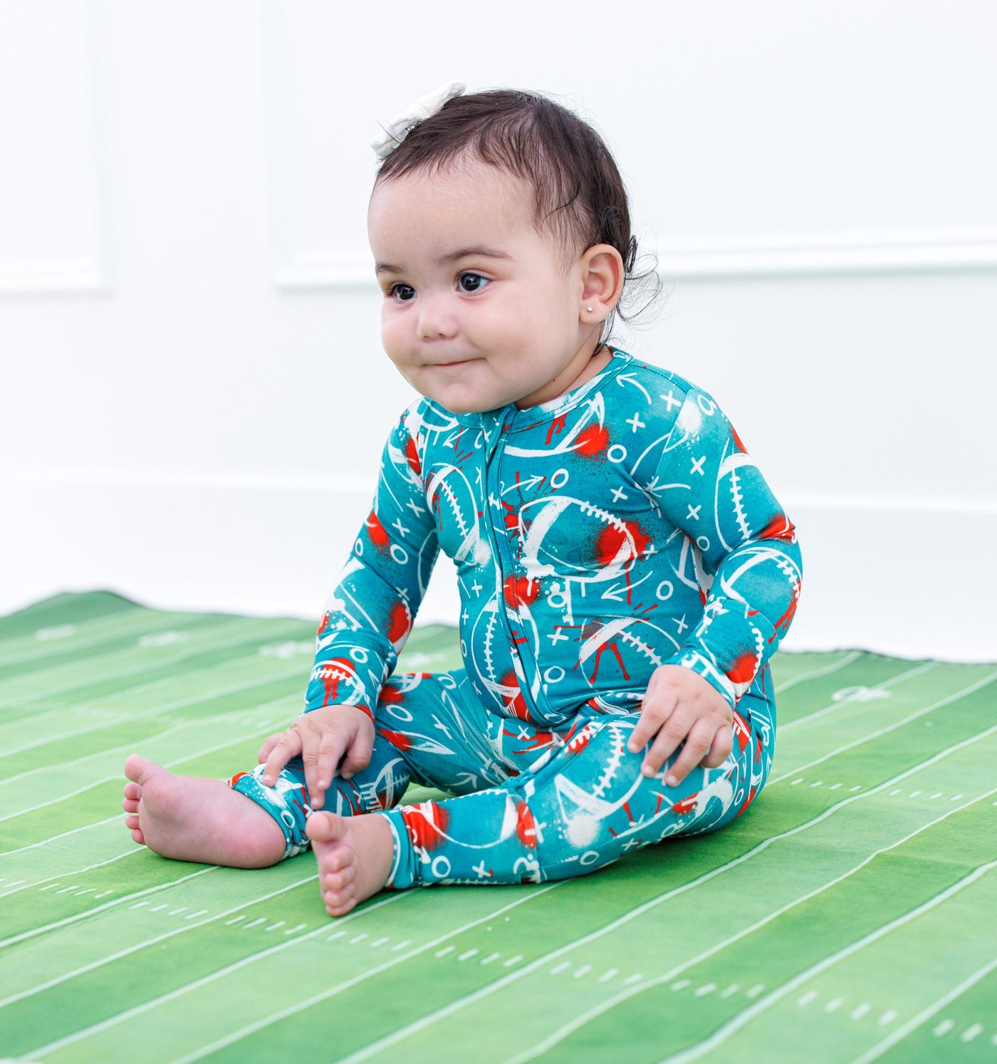 graffiti football convertible romper : AQUA AND ORANGE