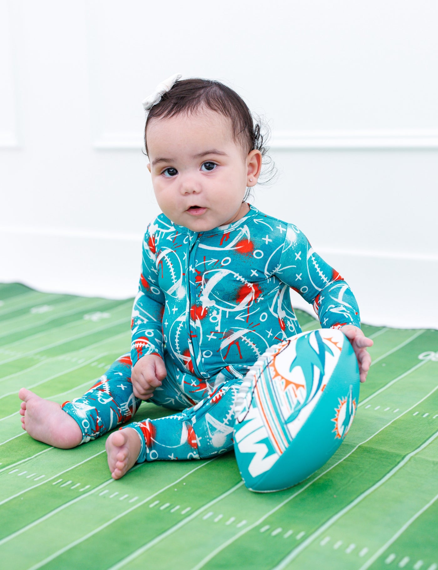 graffiti football convertible romper : AQUA AND ORANGE