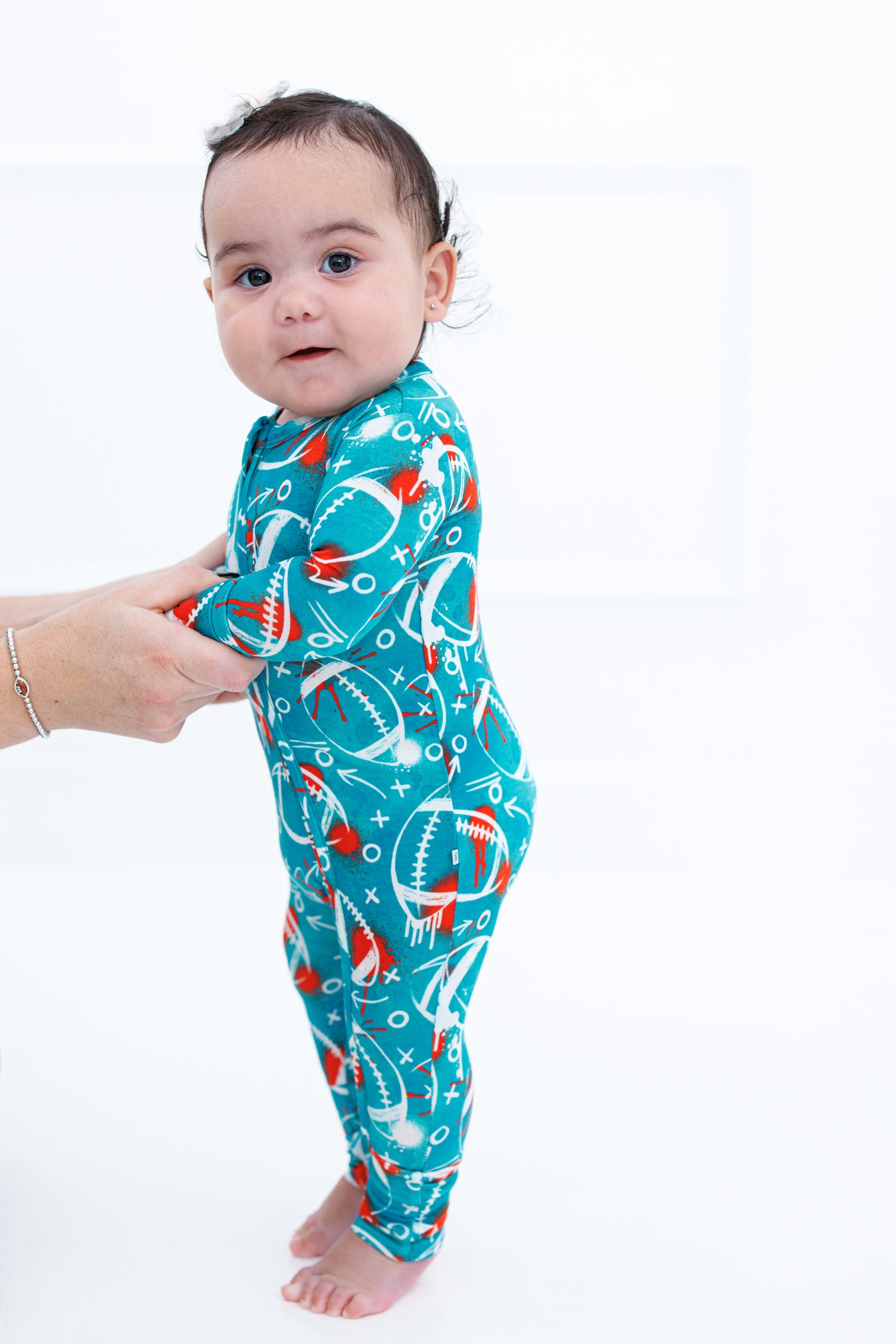 graffiti football convertible romper : AQUA AND ORANGE