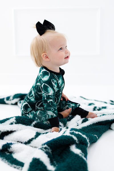 graffiti football convertible romper : GREEN AND WHITE/SILVER