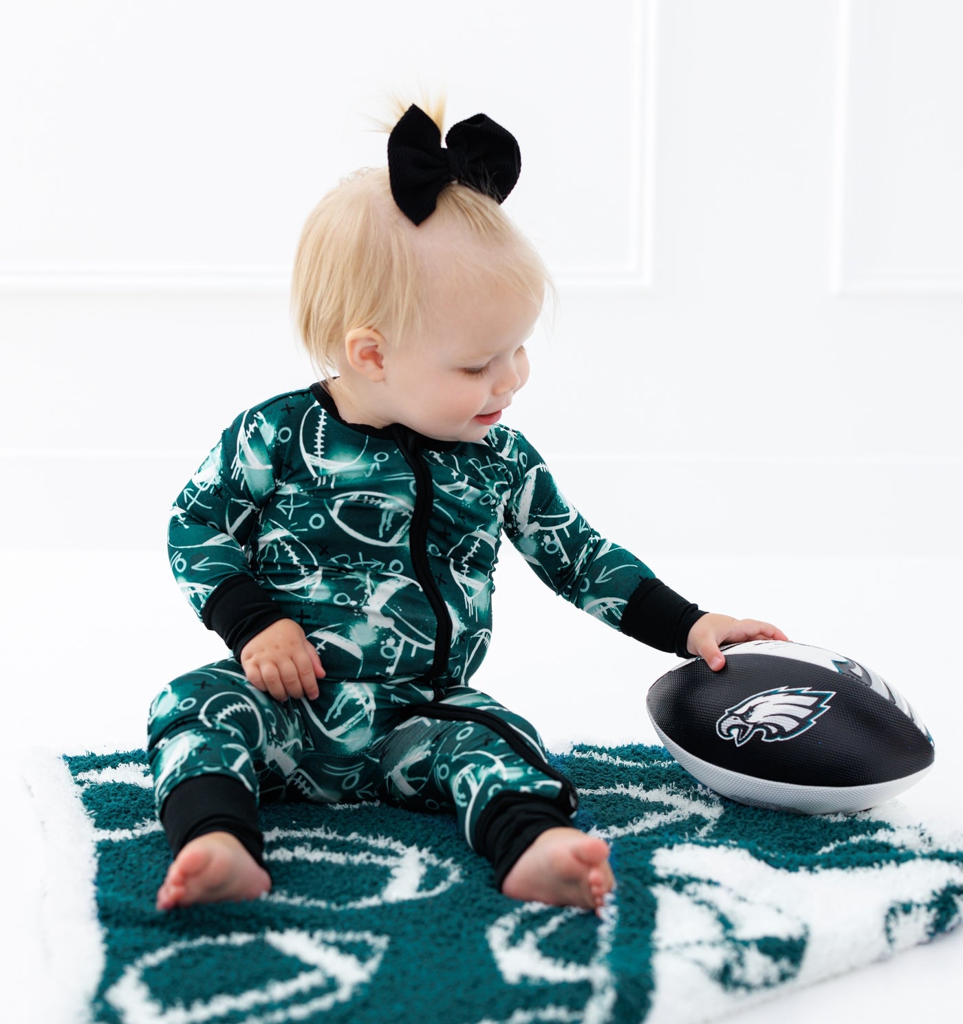 graffiti football convertible romper : GREEN AND WHITE/SILVER