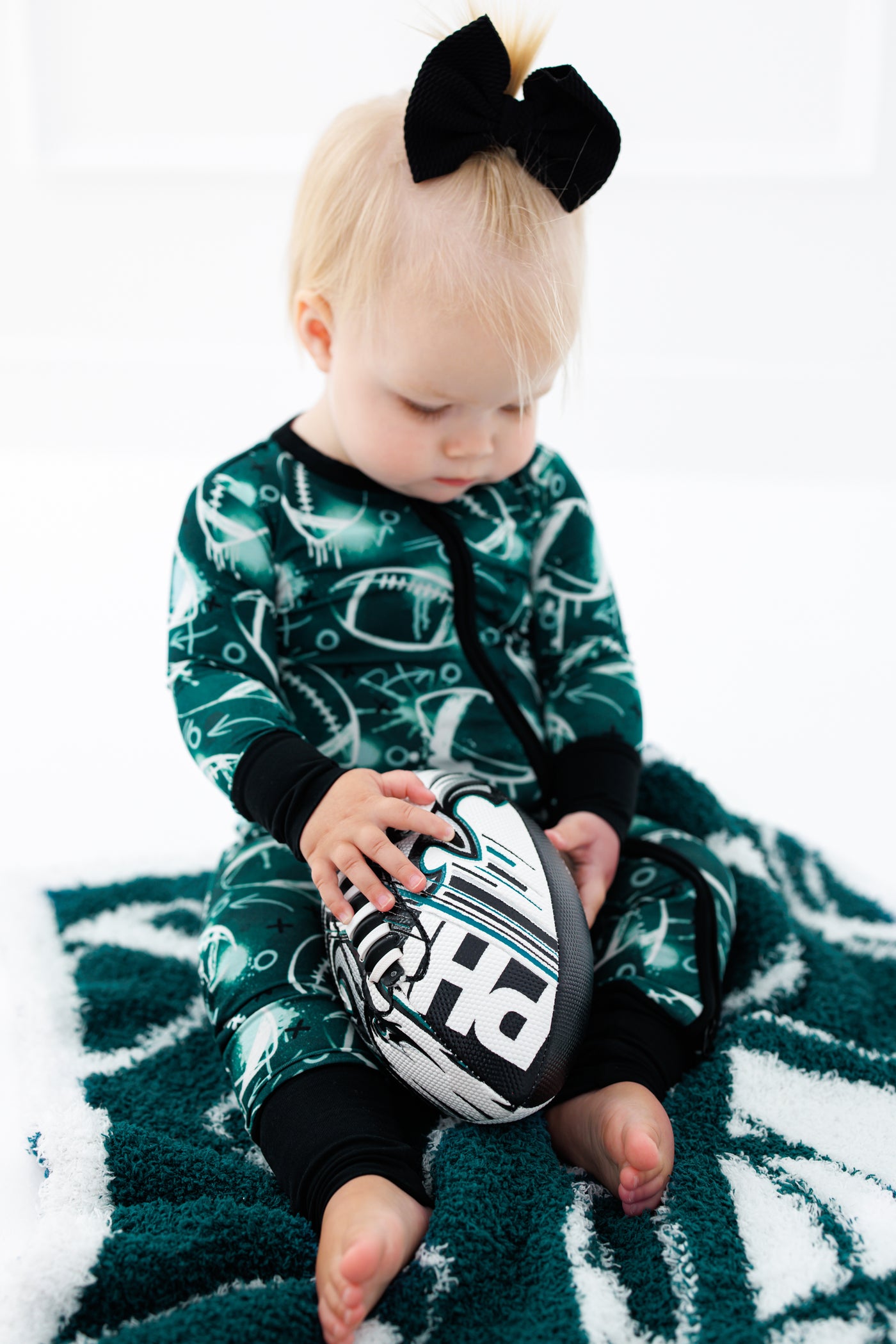 graffiti football convertible romper : GREEN AND WHITE/SILVER