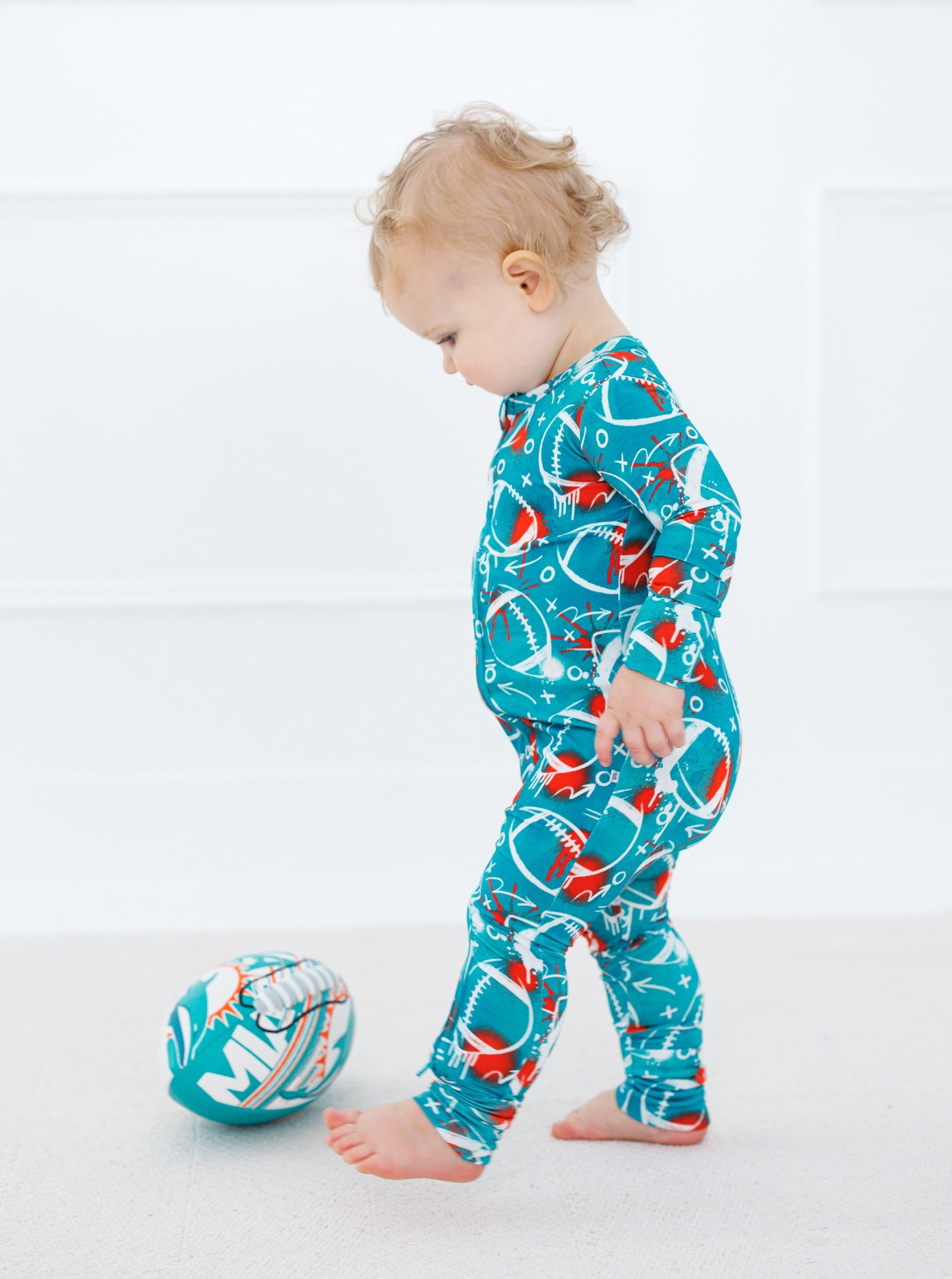 graffiti football convertible romper : AQUA AND ORANGE