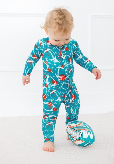 graffiti football convertible romper : AQUA AND ORANGE