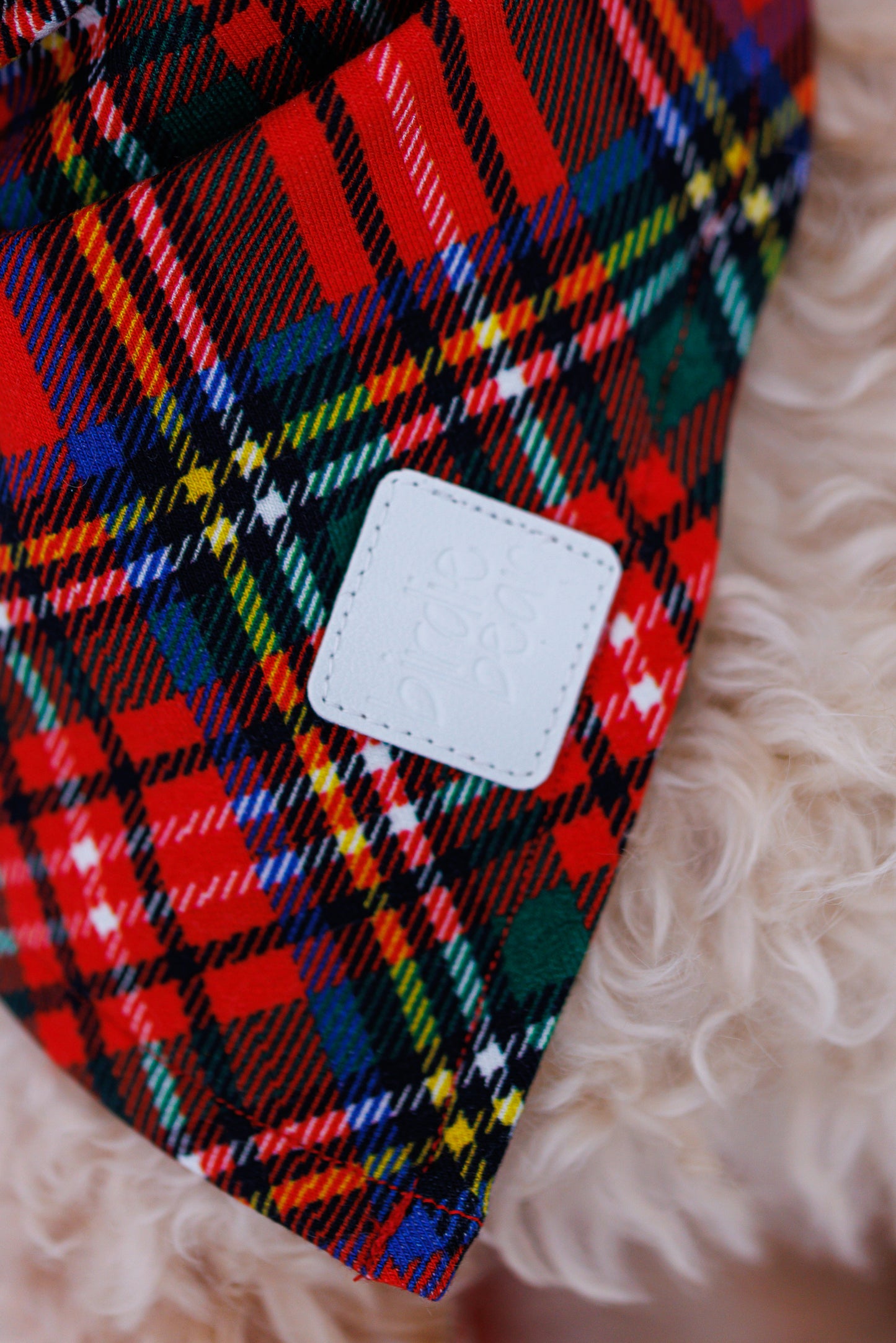 Tartan plaid pet bandana with faux leather logo