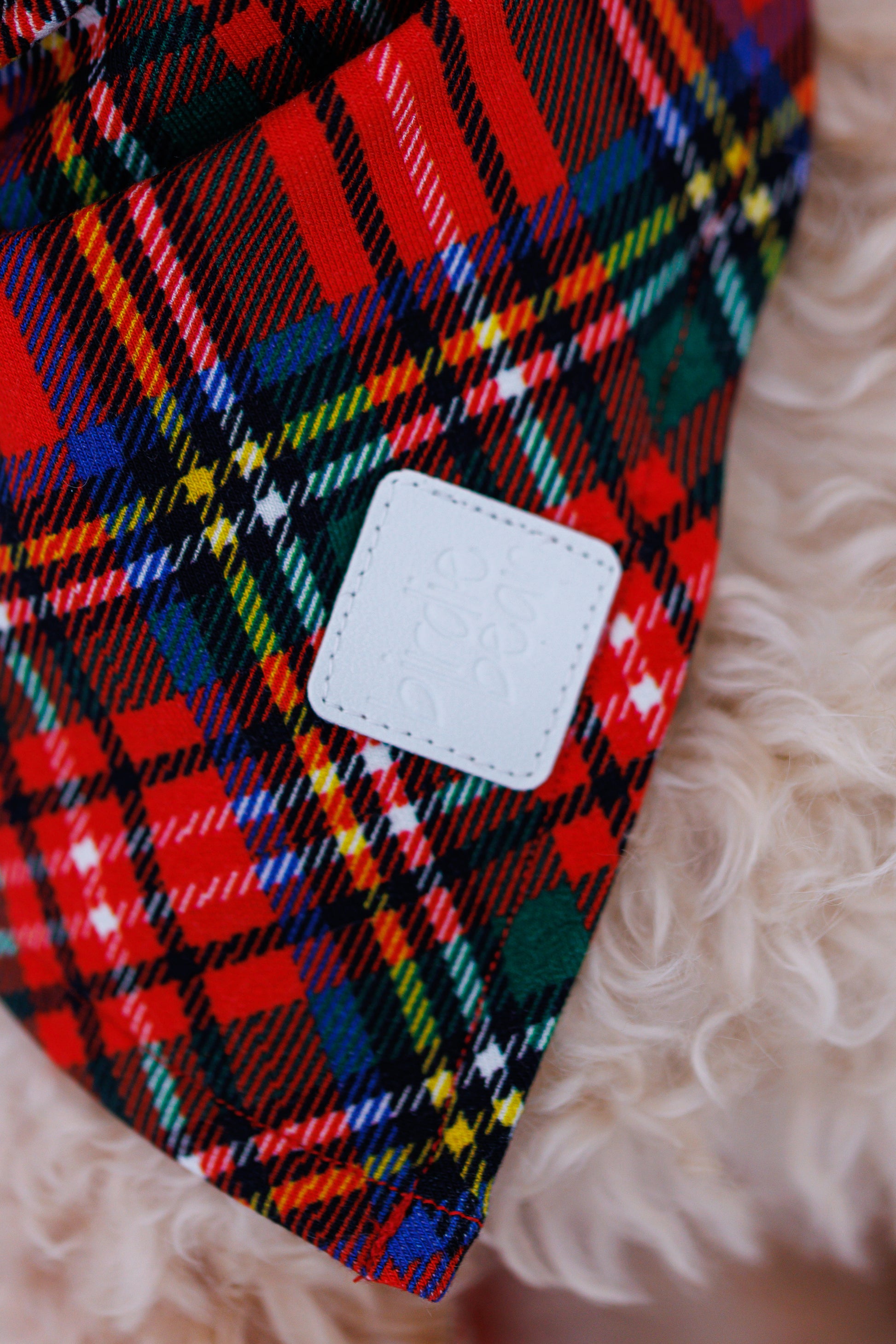 Tartan plaid pet bandana with faux leather logo
