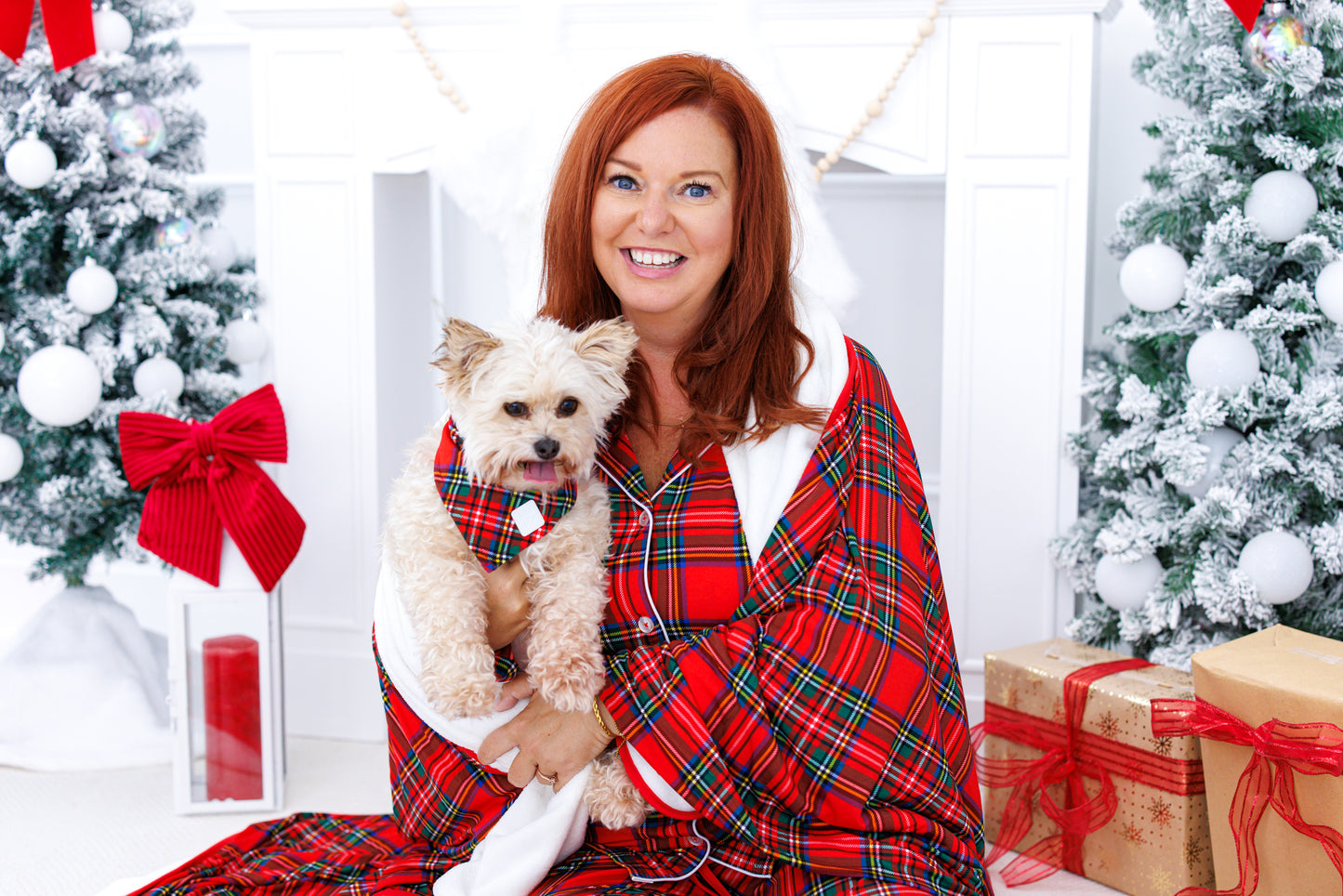 Holiday pet bandana coordinating with family pajamas