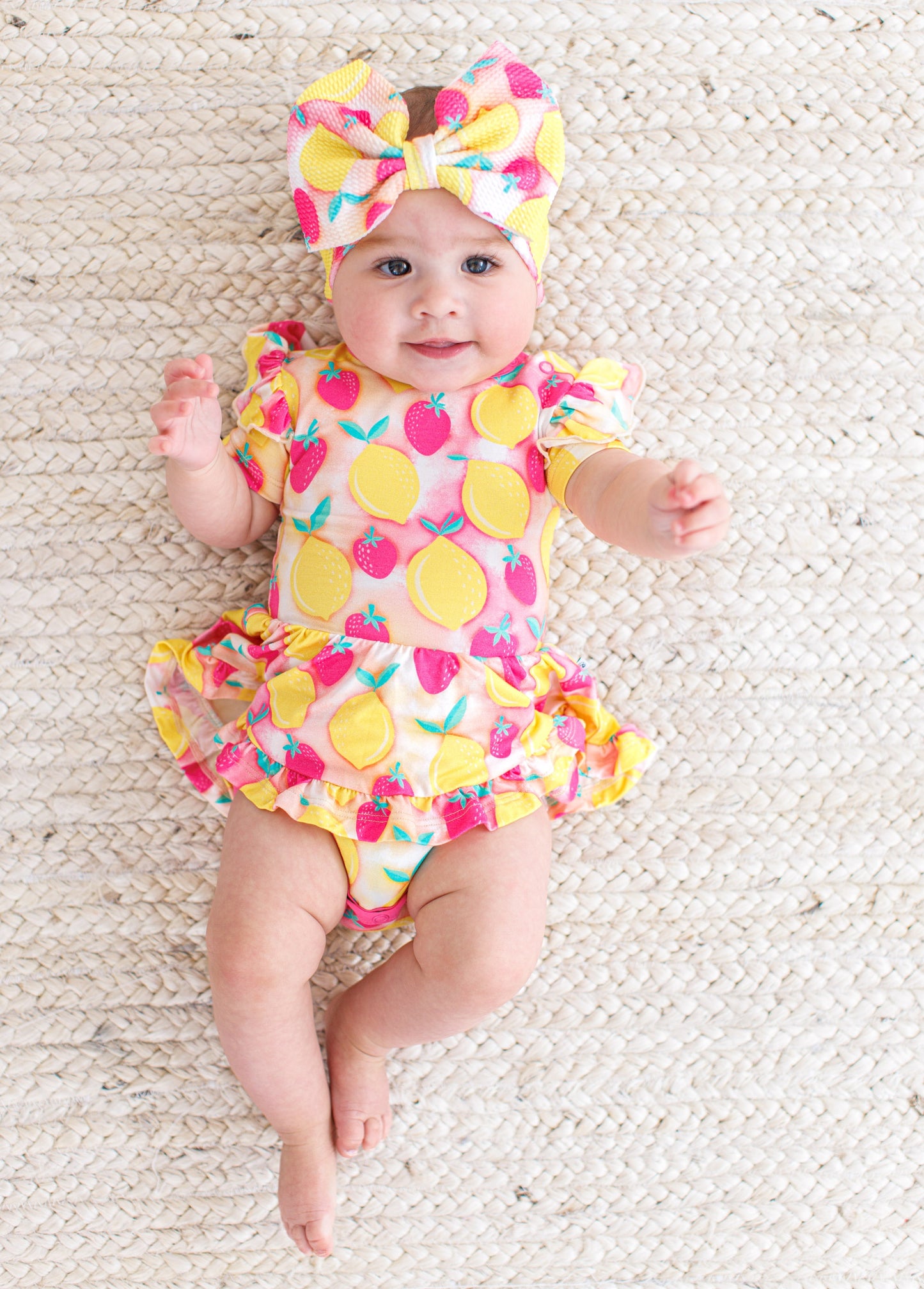 Summer baby headwrap worn by infant for warm weather styling