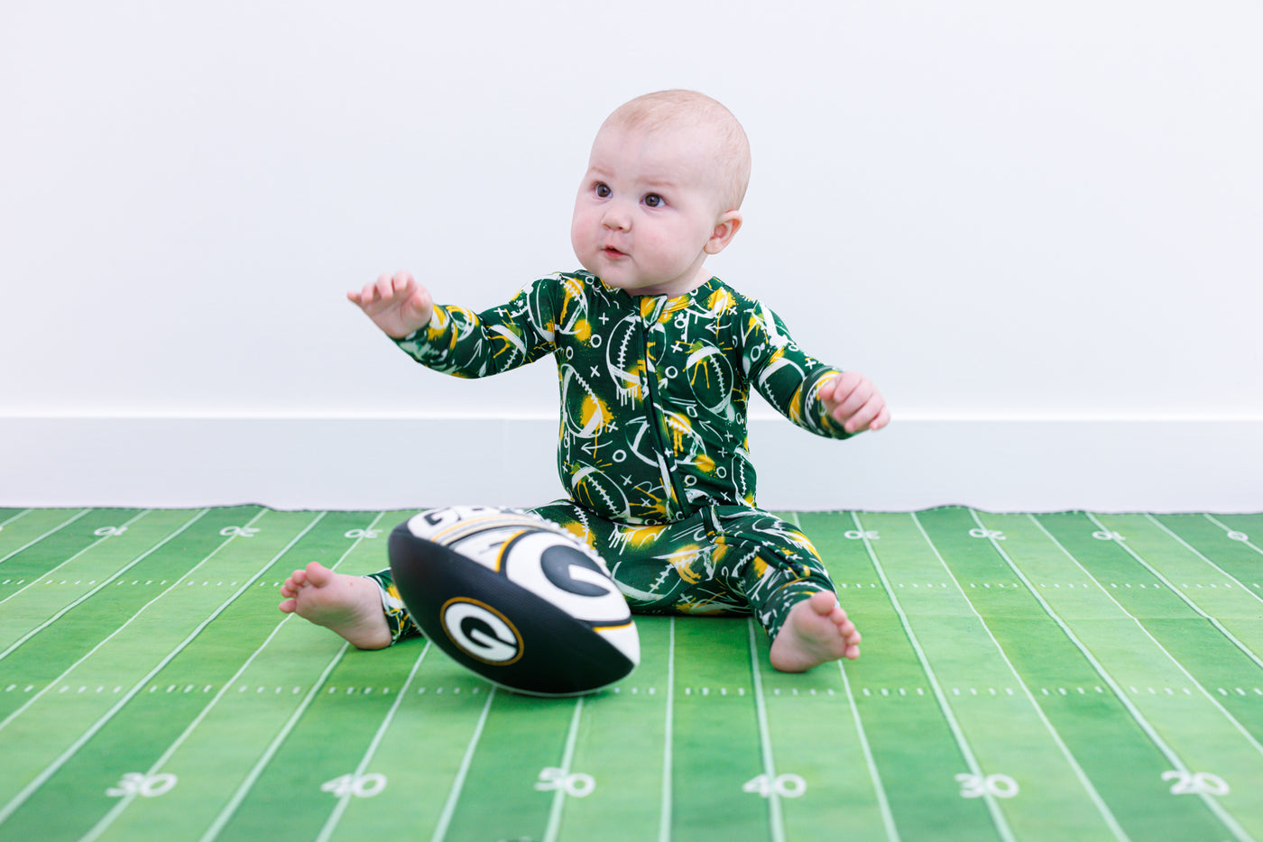 graffiti football convertible romper : GREEN AND YELLOW/GOLD