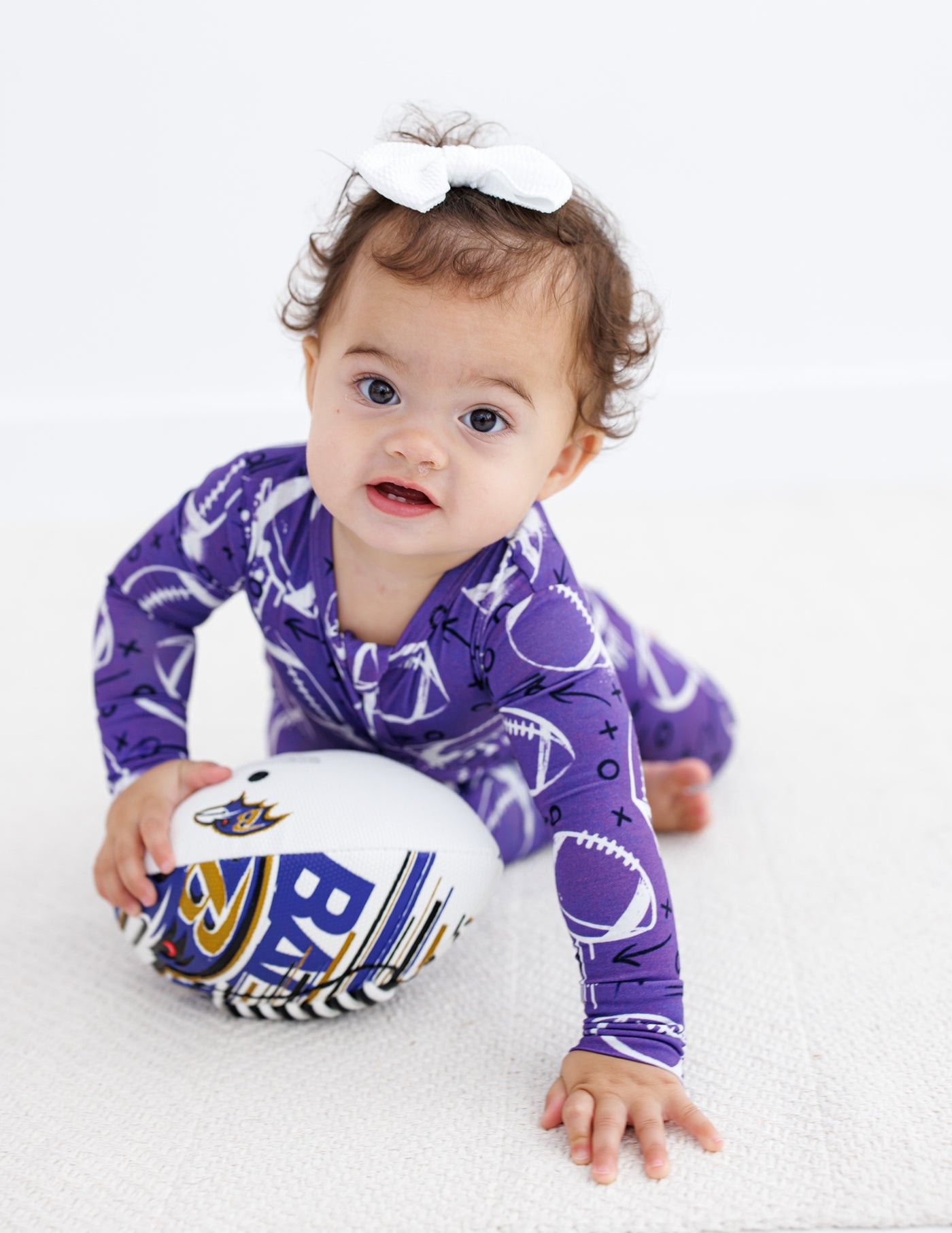 graffiti football convertible romper : PURPLE AND WHITE