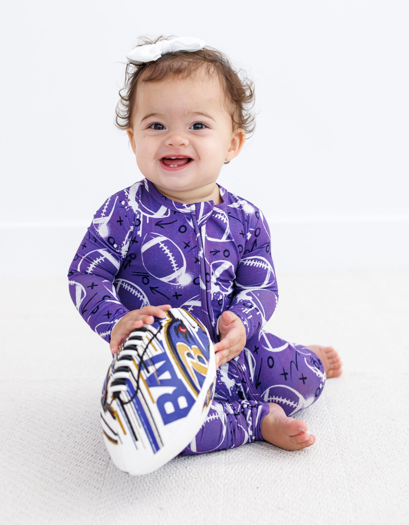 graffiti football convertible romper : PURPLE AND WHITE