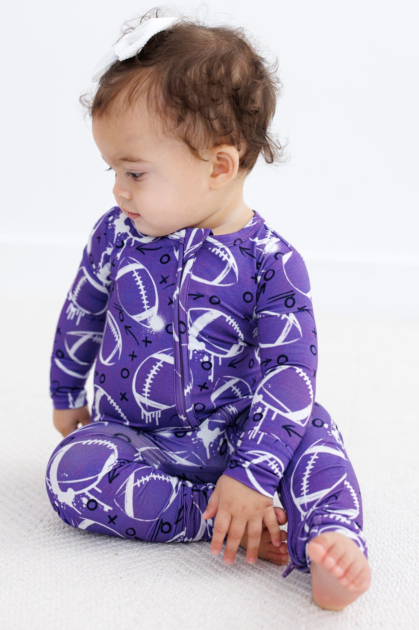 graffiti football convertible romper : PURPLE AND WHITE