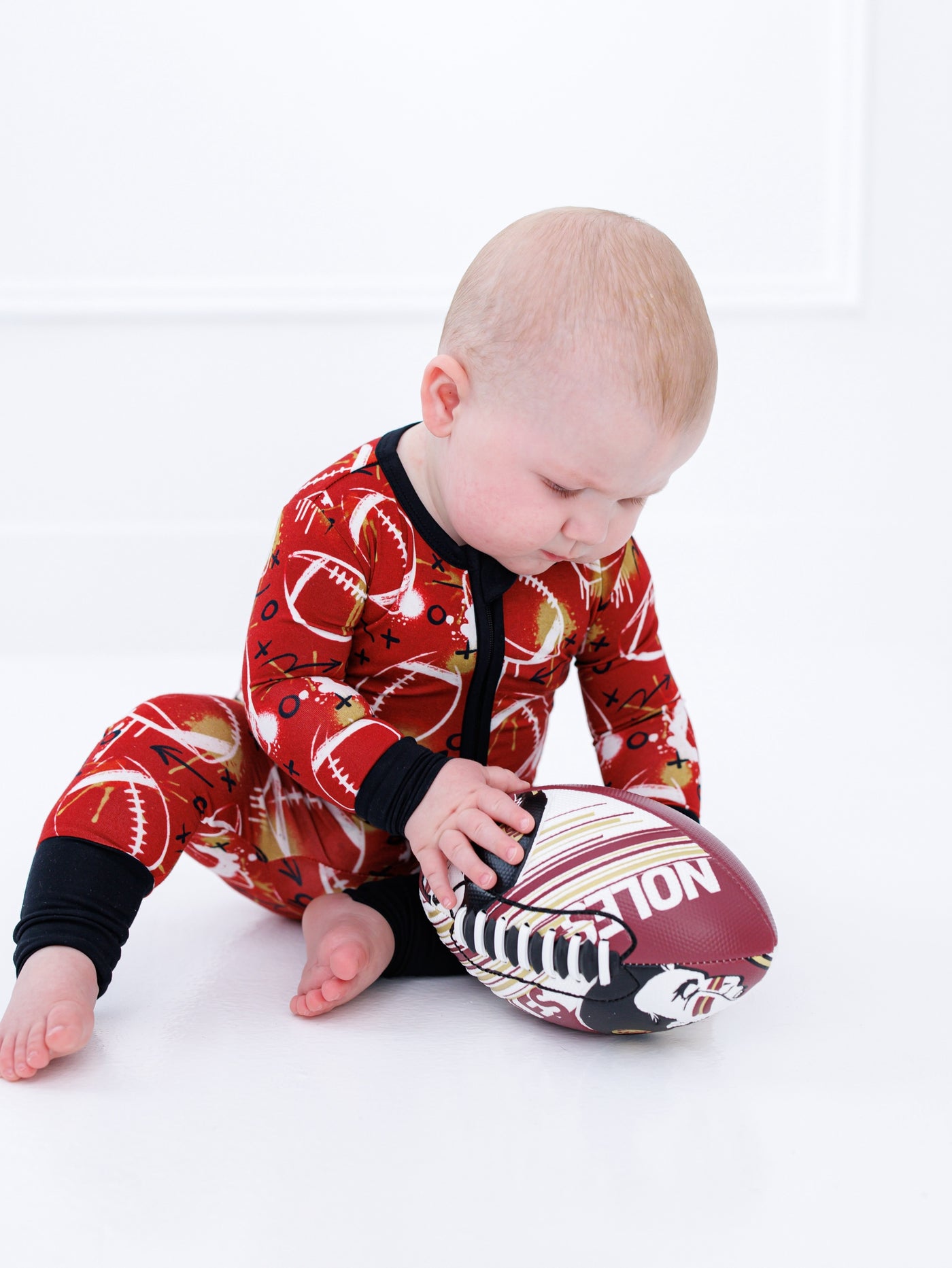 graffiti football convertible romper : RED AND GOLD