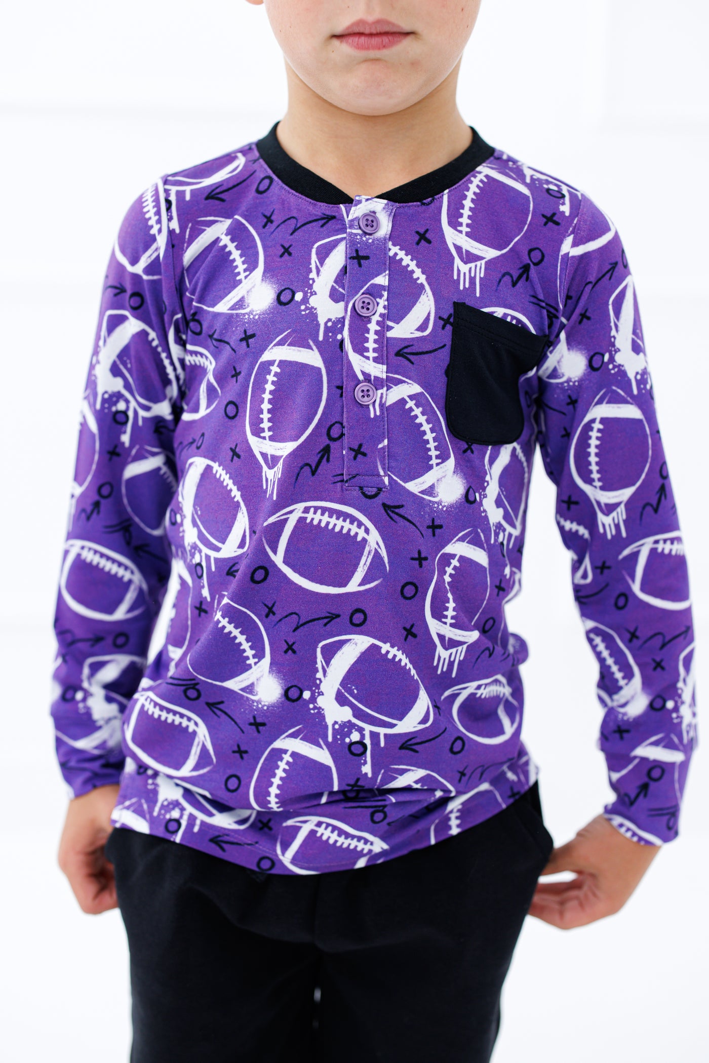 graffiti football henley t- shirt : PURPLE AND WHITE