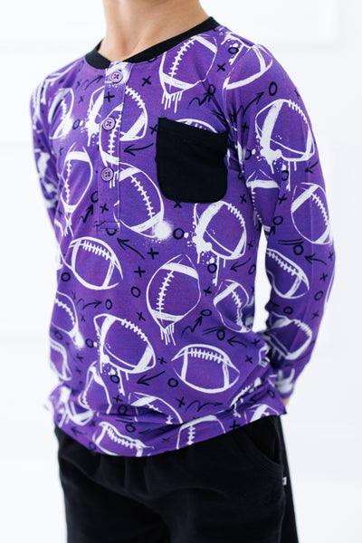 graffiti football henley t- shirt : PURPLE AND WHITE