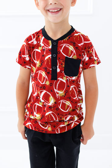 Graffiti Football Henley T-Shirt : RED AND GOLD
