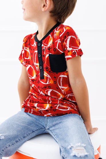 Graffiti Football Henley T-Shirt : RED AND ORANGE