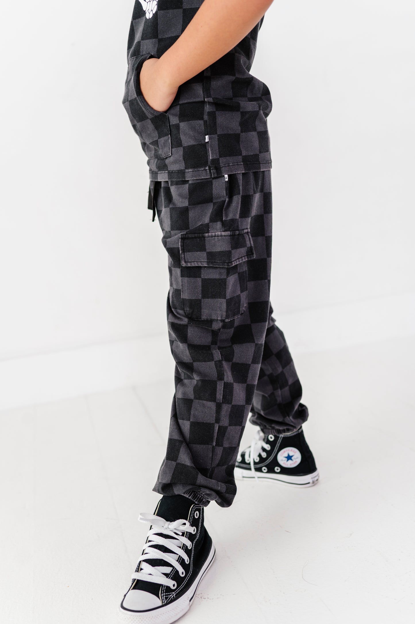 Distressed Checker Cargo Sweatpants