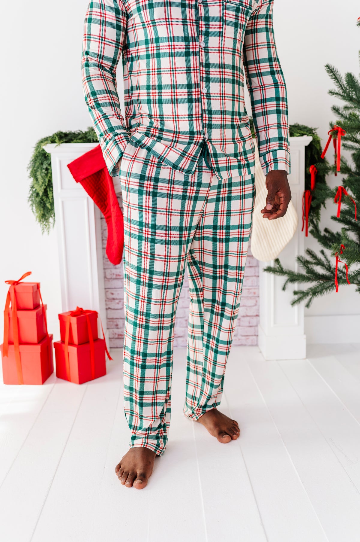 A close-up detail shot of a classic Christmas plaid bamboo print 