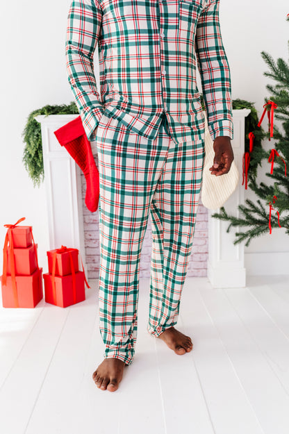 A close-up detail shot of a classic Christmas plaid bamboo print 