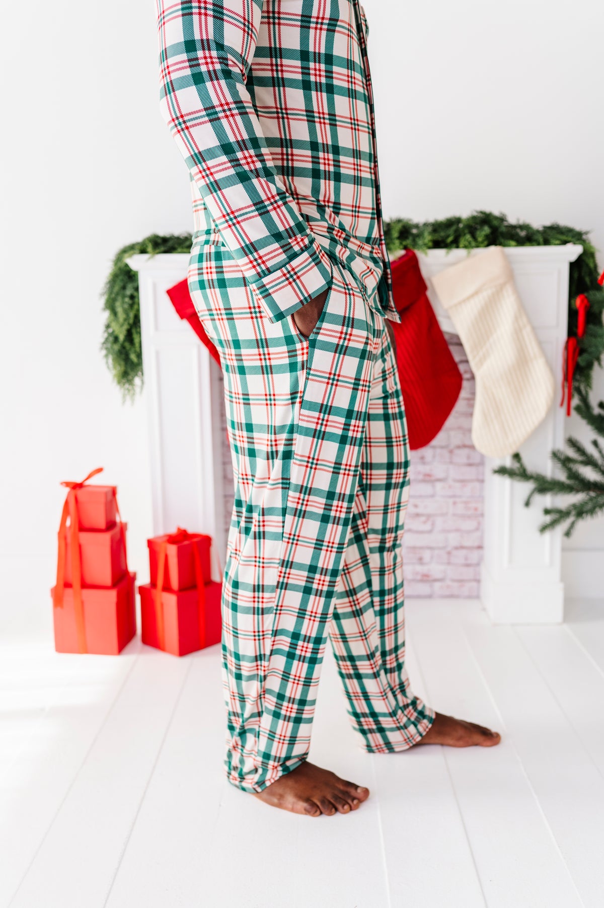 A side view of a classic Christmas plaid print in a bamboo pajama set