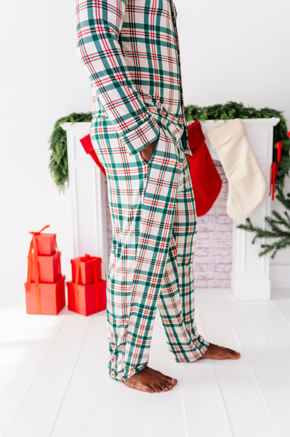 A side view of a classic Christmas plaid print in a bamboo pajama set
