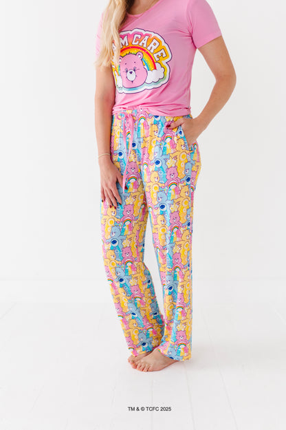 Detail view of women’s Care Bears bamboo pajama pants showing soft fabric and playful print