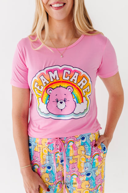 Care Bears women’s bamboo pajama set featuring nostalgic rainbow bear print