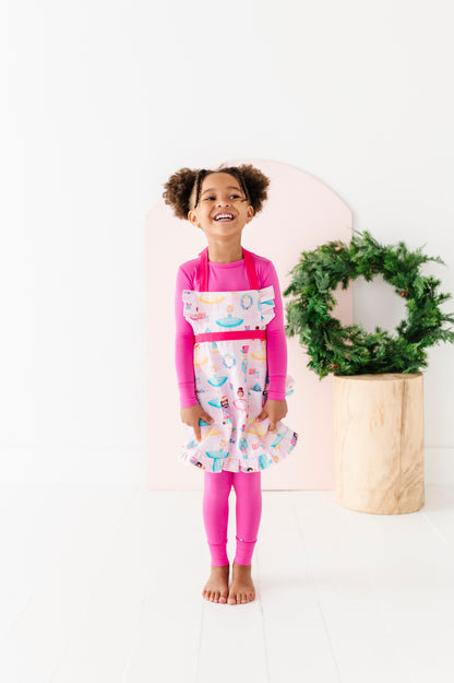 Cotton twill holiday baking apron with ballerina and wreath print