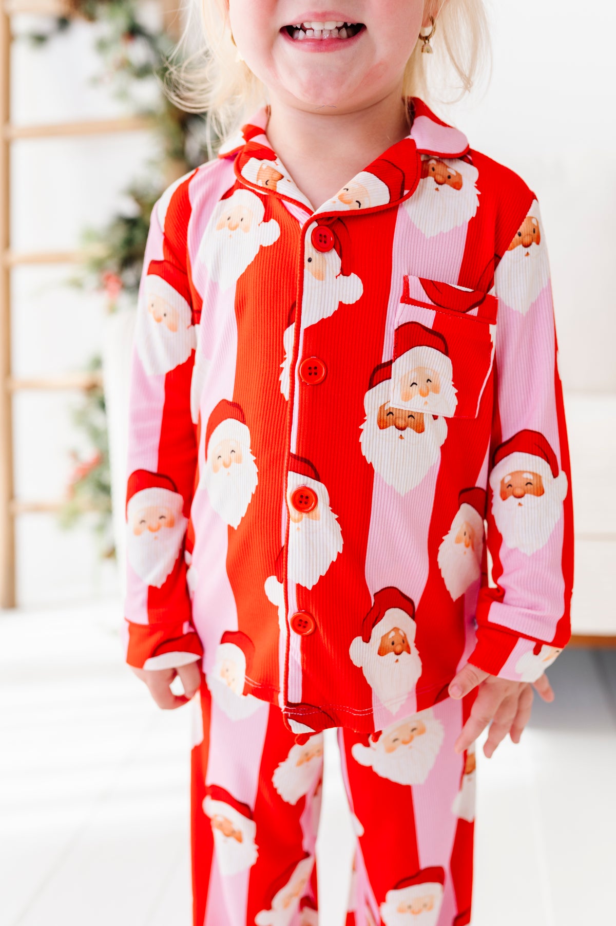 Close-up details of a ribbed red-and-pink Santa Claus bamboo lounge set. 
