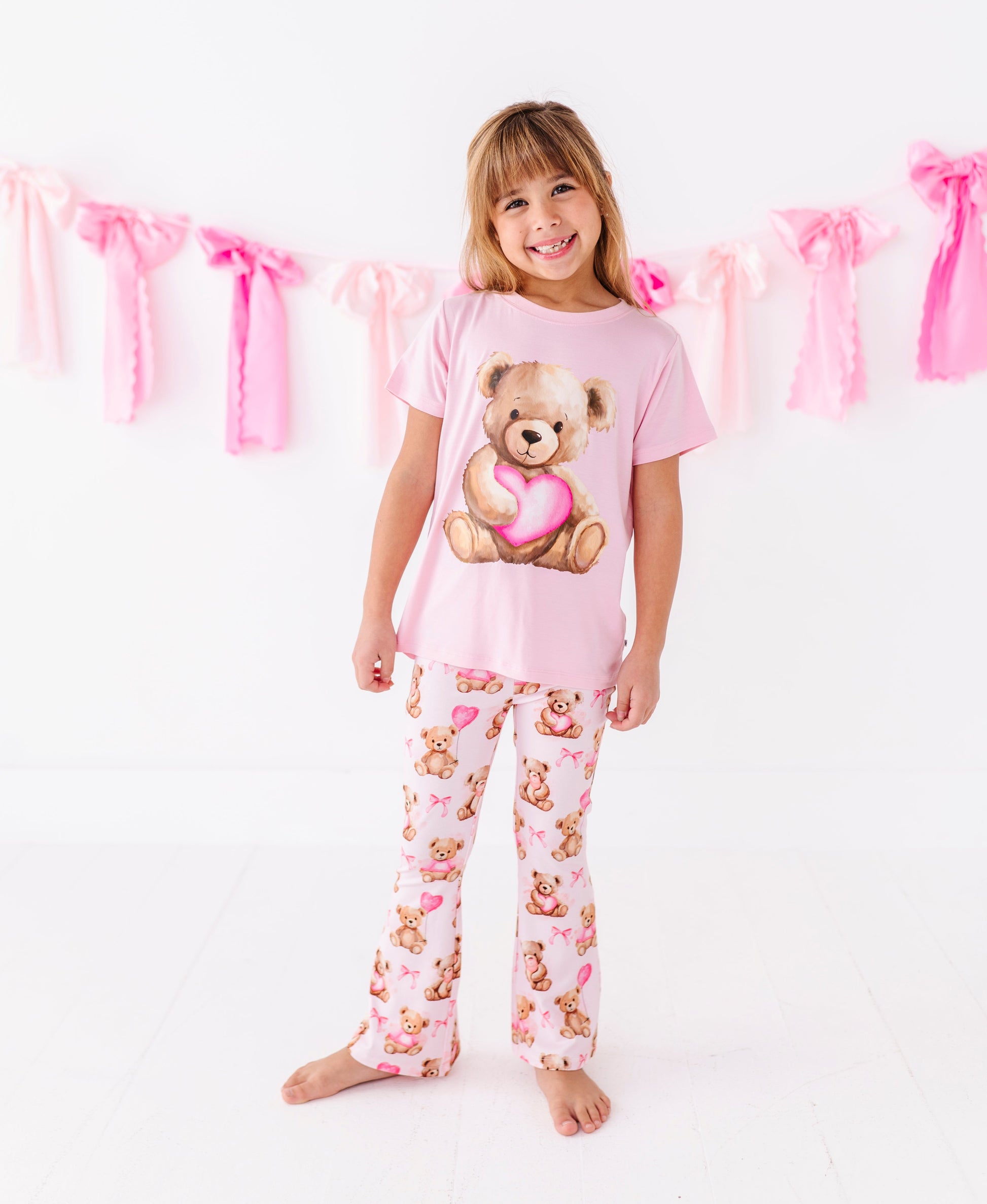 Beary Sweet pink bamboo pants paired with matching teddy graphic top