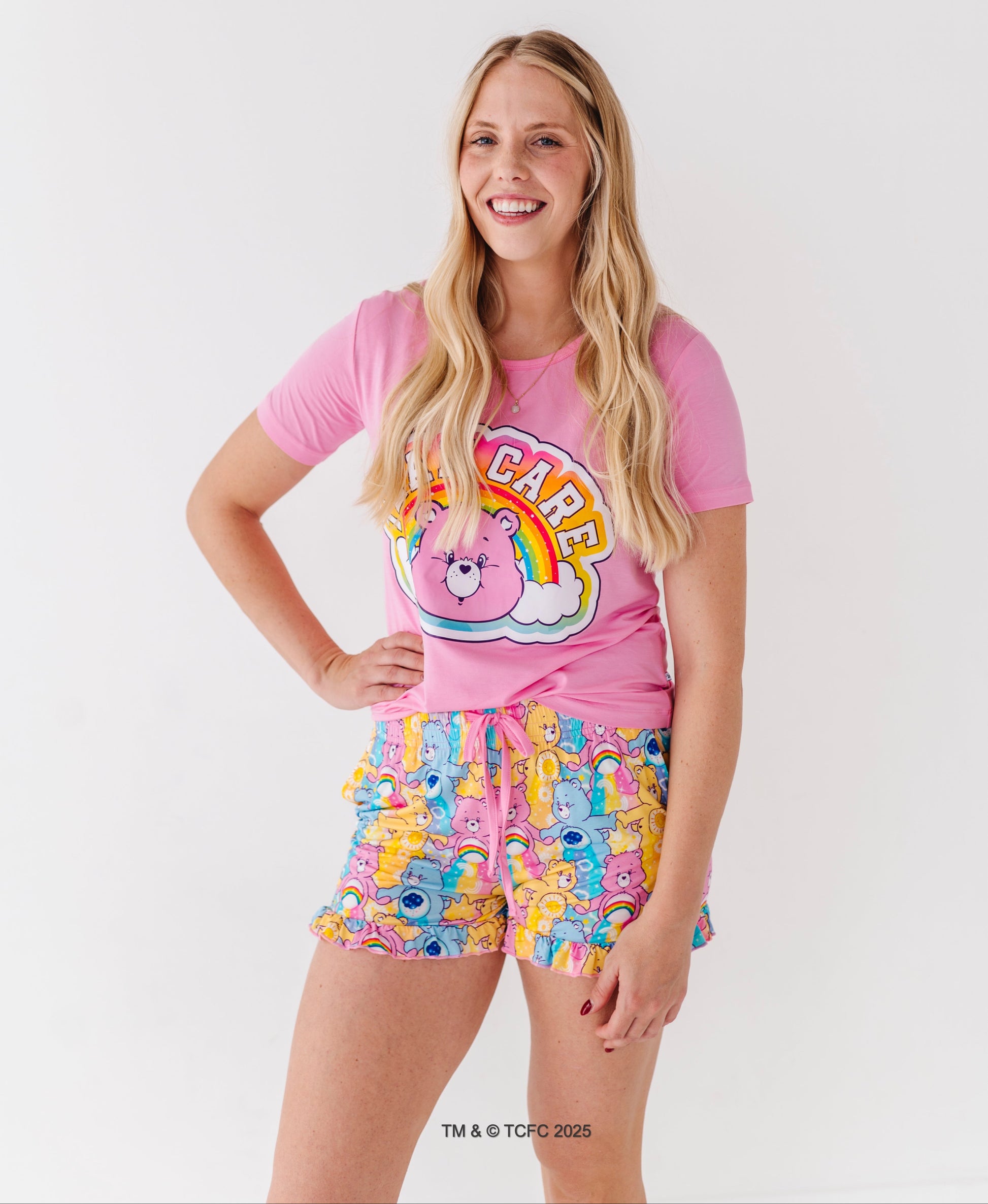Mom wearing Care Bears Stare bamboo pajama set  