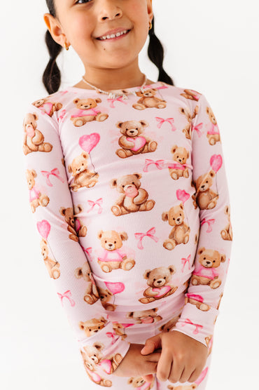 Close-up of Pink Beary Sweet ribbed bamboo pajama top with teddy bear Valentine design