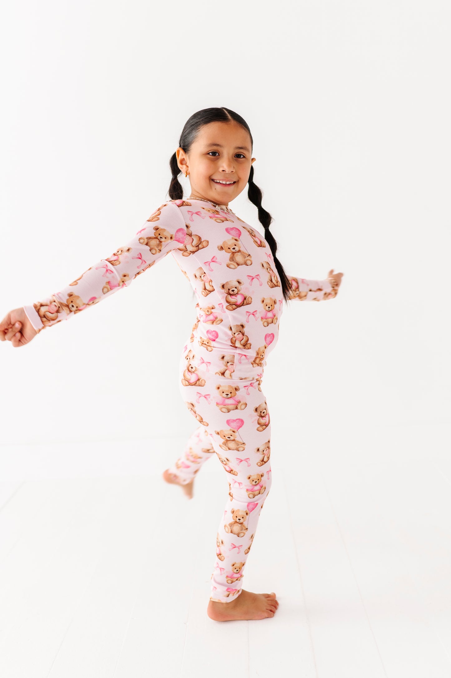 Beary Sweet ribbed bamboo pajama pants featuring teddy bears and pink hearts