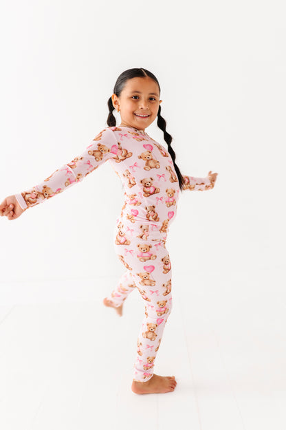 Beary Sweet ribbed bamboo pajama pants featuring teddy bears and pink hearts