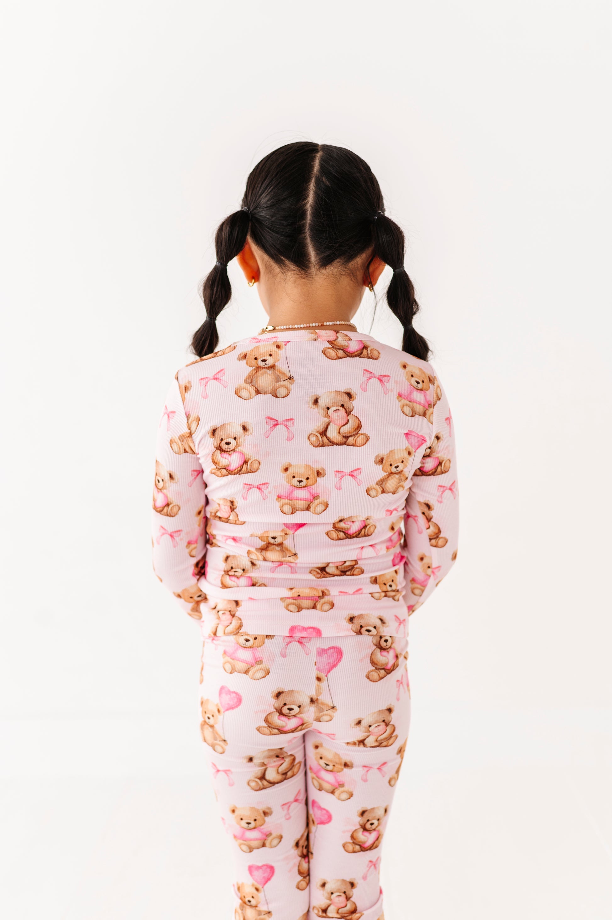 Detail shot of ribbed bamboo fabric on Pink Beary Sweet two-piece pajama set