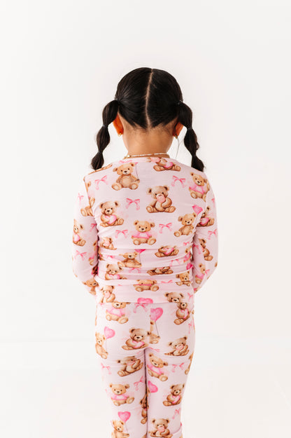 Detail shot of ribbed bamboo fabric on Pink Beary Sweet two-piece pajama set