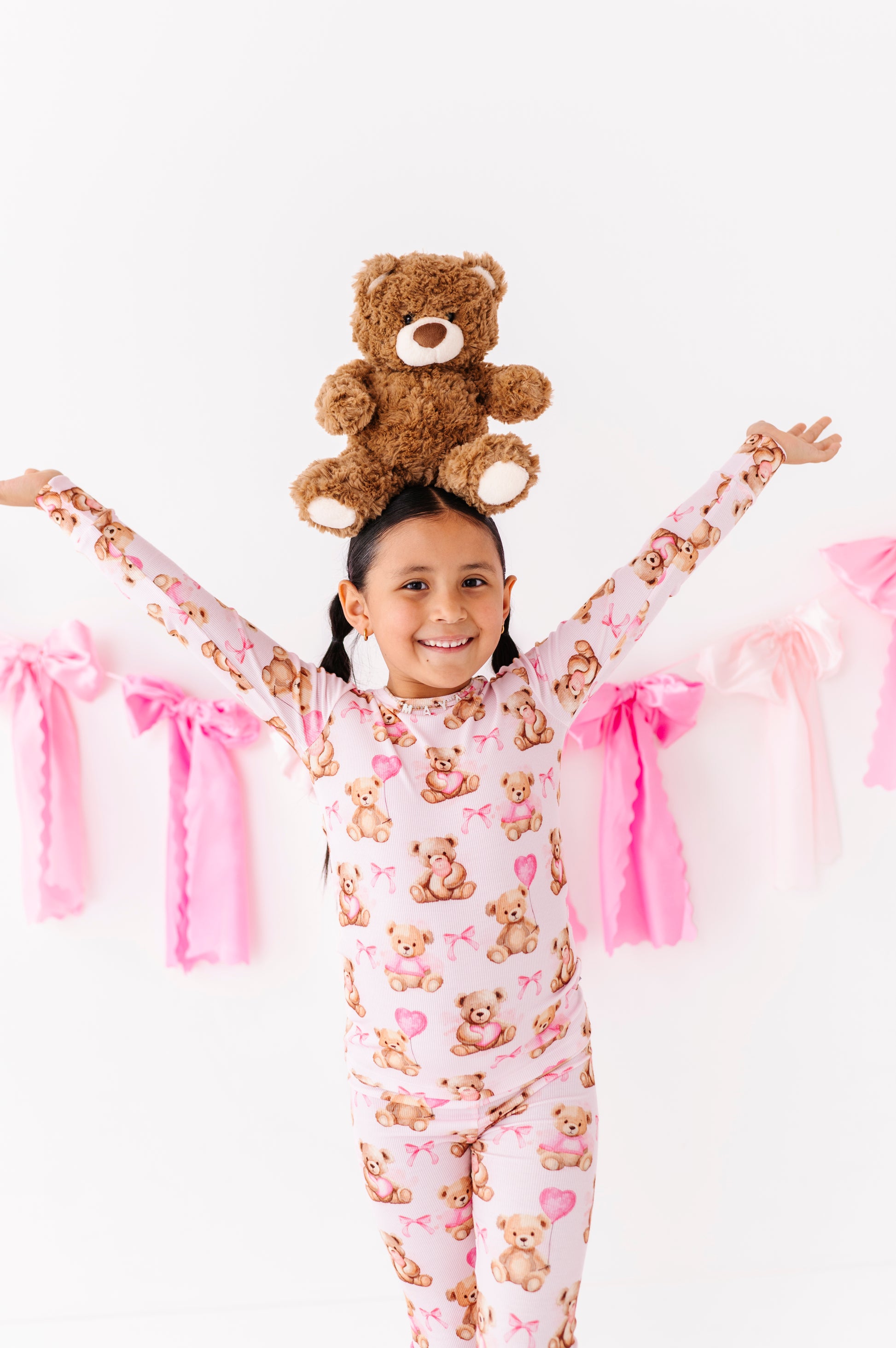 Beary Sweet ribbed bamboo pajama pants featuring teddy bears and pink hearts